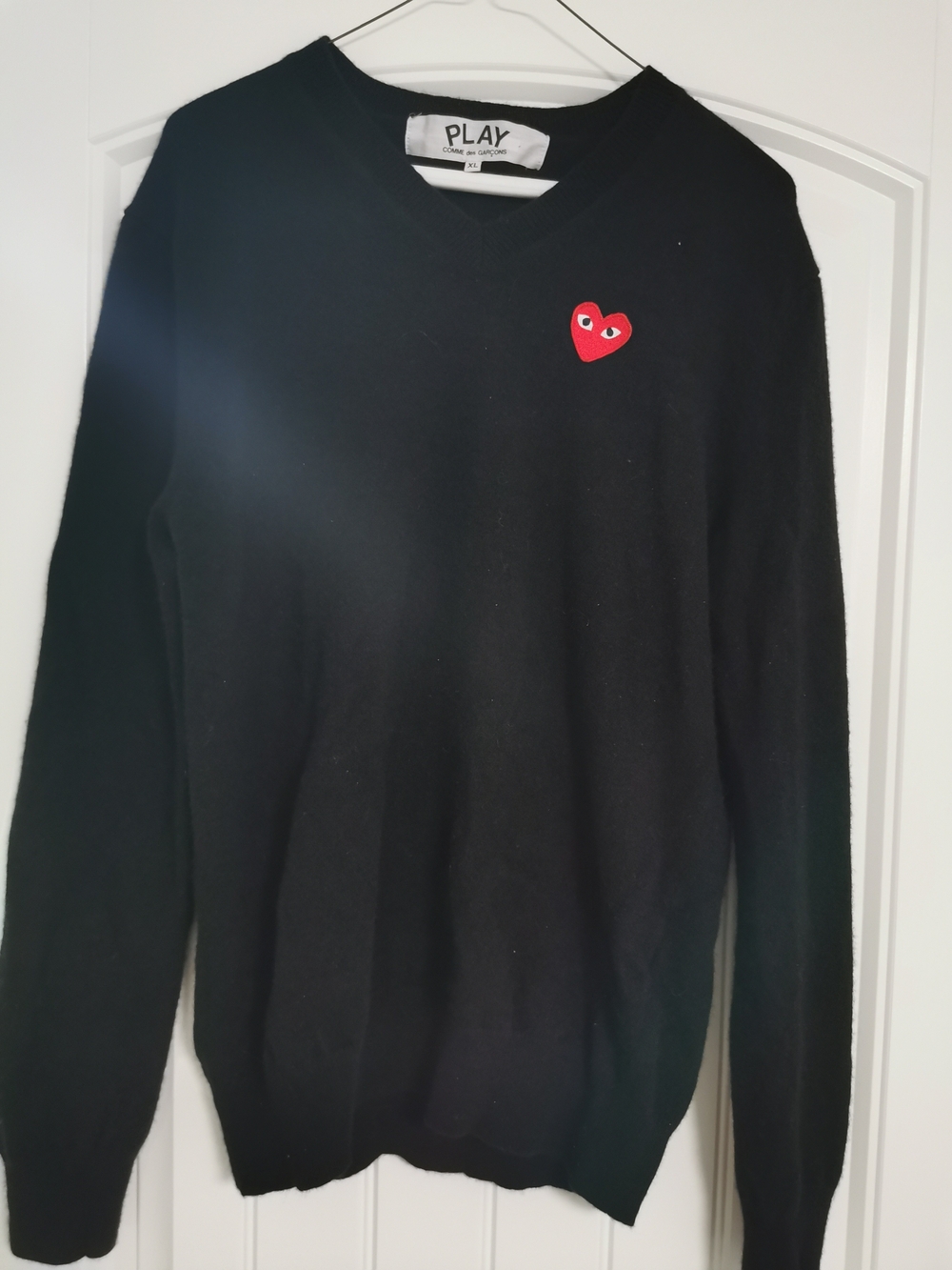 Comme des Garcons Black V-Neck Sweater with Red Heart Patch